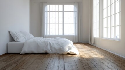 Aufkleber - Modern bedroom interior with large windows and natural light illuminating a white bed and wooden floor Copy Space