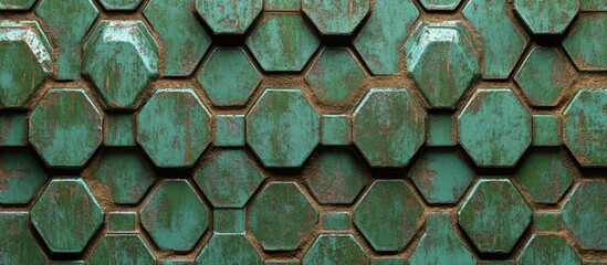 Poster - Textured hexagonal tiles with a weathered turquoise patina over a rustic metal surface Copy Space