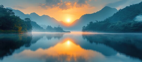 Aufkleber - Sunrise over calm lake with mountains in background reflecting colorful sky and clouds copy space