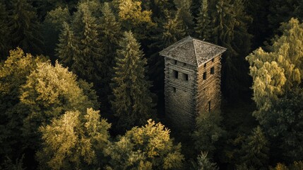 Poster - Aerial view of a historic wooden tower surrounded by dense green forest foliage in autumn colors with Copy Space for text placement.
