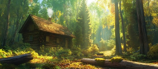 Poster - Rustic wooden cabin in lush green forest illuminated by sunlight surrounded by tall trees and mossy logs Copy Space