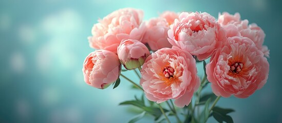 Poster - Pink peonies bouquet with soft focus background and copy space for text