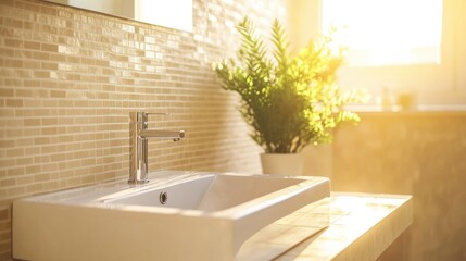 Poster - Modern bathroom interior with stylish sink illuminated by sunlight featuring tiled walls and empty space for text or branding