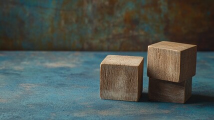 Poster - Wooden Blocks Arranged on Textured Blue Surface with Copyspace for Creative Design and Text Placement