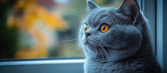 Poster - Gray British Shorthair cat with orange eyes sitting by a window with autumn background and Copy Space for text