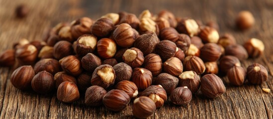 Poster - Close-up of a pile of roasted hazelnuts on a wooden surface with Copy Space for text placement.
