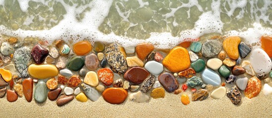 Aufkleber - Colorful pebbles on sandy beach with gentle waves and copy space for text