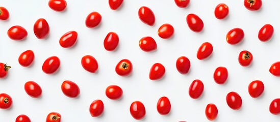 Poster - Red cherry tomatoes scattered on white background with ample copy space