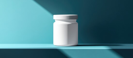 Poster - Blank white pharmaceutical jar mockup with shadow on a blue background for advertising agricultural vaccine concepts and text placement.