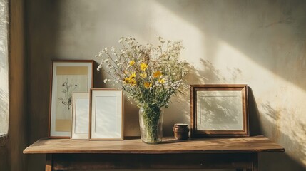 Poster - Elegant table arrangement featuring empty frames and a vase of vibrant wildflowers against a textured wall backdrop.