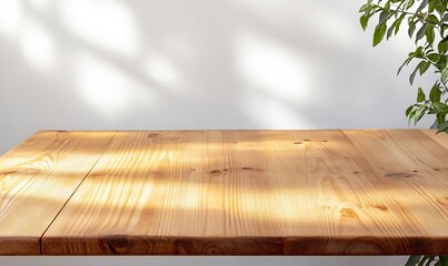 Poster - Sunny wood table, plant, white wall, product display