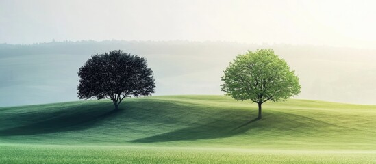 Aufkleber - Two trees on a grassy hill with soft light and shadows during sunrise or sunset Copy Space