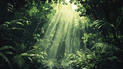 Poster - Sunlight filtering through rain in a lush forest creating a serene atmosphere perfect for nature-themed designs or text placement
