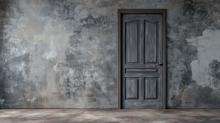 Poster - Tall Unfinished Gray Wooden Door Against Textured Wall with Empty Space for Copy or Design Elements