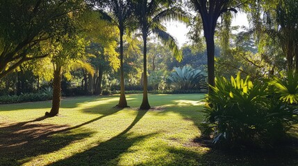 Poster - Sunlight filtering through lush garden trees creating shadows and empty space for text on a serene green lawn