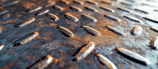 Poster - Metal surface with diamond plate pattern and texture showing reflections and light play, industrial background with copy space.