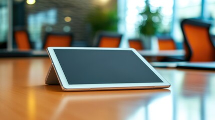 Poster - Tablet with Blank Screen Positioned on a Modern Office Table with Blurred Background of Conference Room