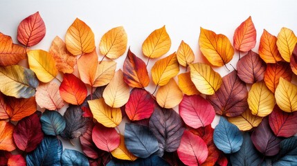 Poster - colorful autumn leaves arranged on a white background creating a vibrant natural border with ample s