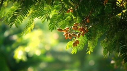 Poster - Tamarind tree leaves and fruits with a serene natural background ideal for adding text or messages in a greenery setting