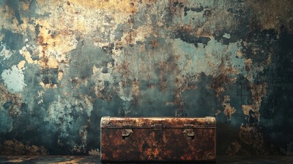 Poster - Rustic textured wall with vintage metal trunk creating empty space for creative text or graphic elements.