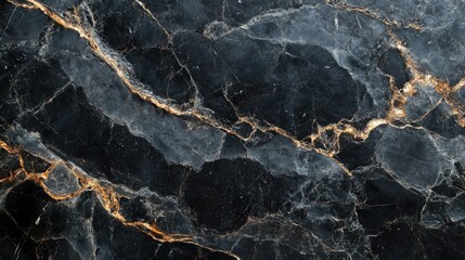 Poster - Elegant black marble surface with striking grey and gold veining texture ideal for luxury design and decor projects.