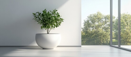 Poster - Modern indoor greenhouse plant in a minimal white pot highlighting natural light and spacious decor with ample copy space for text.