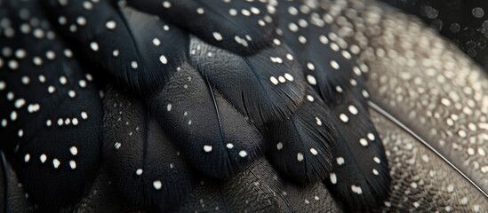 Poster - Black and white bird feathers with white speckles close-up macro photography Copy Space
