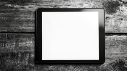 Poster - Tablet on Rustic Wooden Desk with Blank White Screen for Digital Displays or Mockups