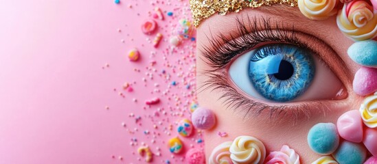 Wall Mural - Eye adorned with sweets and a gold crown on a pink background featuring empty space for personalized congratulatory messages.