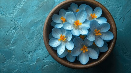 Poster - Top view of delicate blue crocus flowers with orange accents arranged in a wooden bowl on a textured blue background