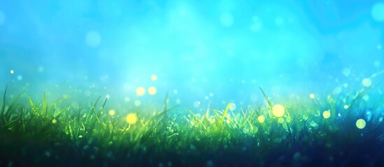 Poster - Vibrant abstract nature background featuring blurred blue sky and green grass with decorative bokeh lighting ideal for summer-themed designs