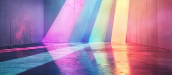 Fototapete - Colorful Abstract Light Beams with Blurred Refractions on Wet Concrete Floor Creating a Vibrant Background for Text or Design Elements
