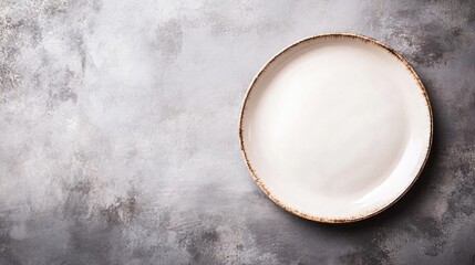 Poster - minimalist ceramic plate on textured gray background with ample empty space for culinary or promotio