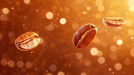 Poster - Three roasted coffee beans in mid-air against a warm bokeh background with ample copyspace for text and branding opportunities.