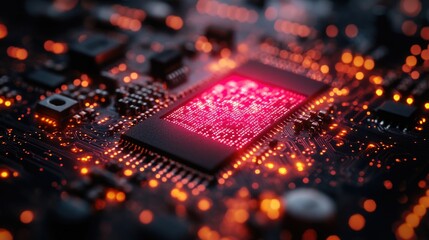 Aufkleber - Abstract close-up of a high-tech circuit board illuminated with red light showcasing XML coding elements and blank space for text insertion