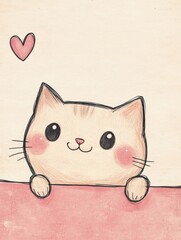 Wall Mural - Cute cat with red heart for Valentine’s Day greeting card design