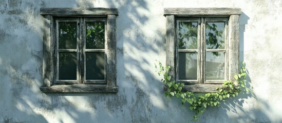 Wall Mural - Two rustic wooden framed windows on an aged stone wall with climbing ivy and dappled sunlight.