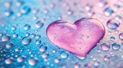 Poster - Colorful water droplets on a textured surface with a heart shape in the center and a vibrant blue and pink gradient background Copy Space