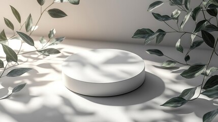 Poster - round white podium surrounded by leaves with shadows ideal for branding and marketing with ample cop