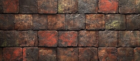 Poster - Rough textured stone brick wall with reddish-brown and gray tones arranged in a horizontal grid pattern