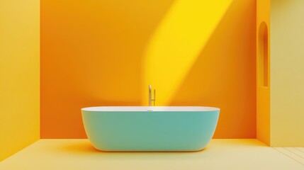 Poster - Modern bathroom design featuring vibrant orange and blue walls with a sleek bathtub and ample empty space for customizable text.