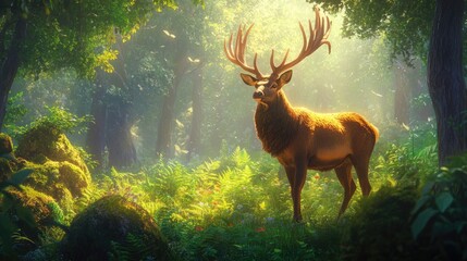 Poster - majestic stag with impressive antlers standing in a lush green meadow illuminated by morning light h