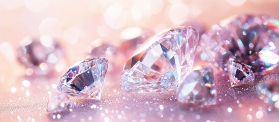 Poster - Colorful diamonds on a soft pink background with bokeh effect and ample Copy Space for text placement