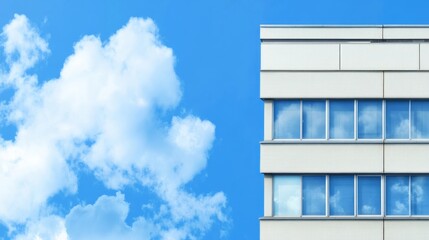 Poster - Modern office building against a bright blue sky with fluffy clouds and ample space for text or advertising placements.