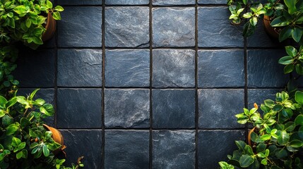 Poster - Dark anthracite terrace tiles arranged with potted plants framing an empty space for text or design elements in a stylish outdoor setting