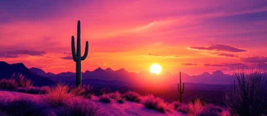 Poster - Vibrant cactus silhouette at sunrise with colorful sky and ample space for text in serene desert landscape scene.