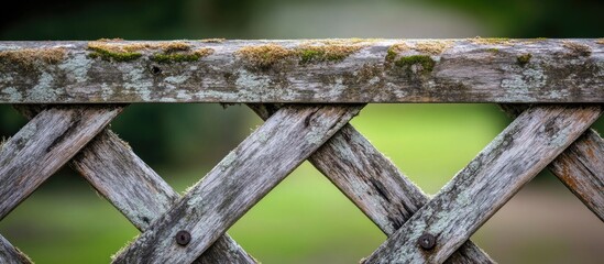 Poster - Weathered wooden lattice fence with moss and natural bokeh background featuring ample copy space for text placement