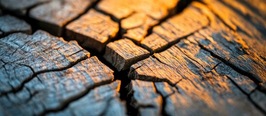 Poster - Close-up of weathered tree bark with deep cracks and warm sunlight highlighting textured details