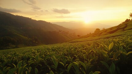 Poster - Sunset Above Lush Tea Plantations in Serene Mountain Landscape with Open Space for Textual Content