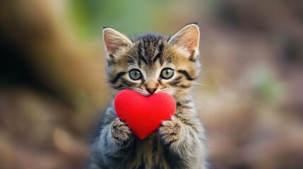 Wall Mural - Cute cat with red heart for Valentine’s Day greeting card design